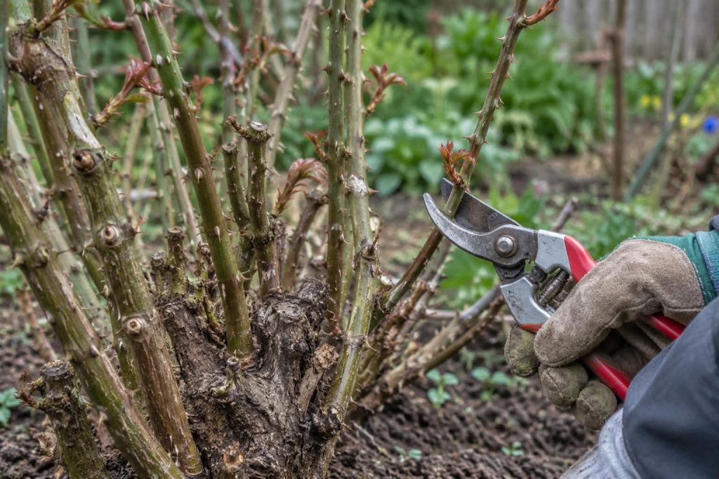 Een oude rozenstruik met verhoute takken wordt gesnoeid met een snoeischaar